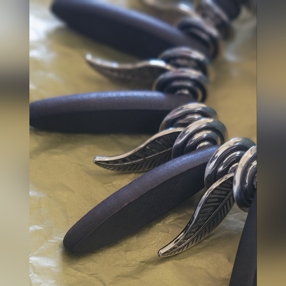 90s Wood and Silver Beaded Spiked Statement Necklace - Picture 3 of 4